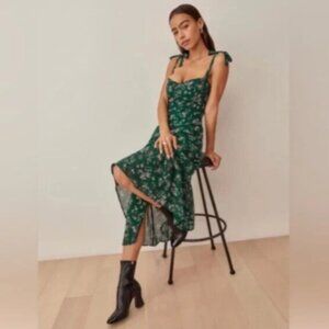 NWT C$160 Reformation Nikita Dress Emilia Green Floral Midi Ruffle Tie 4